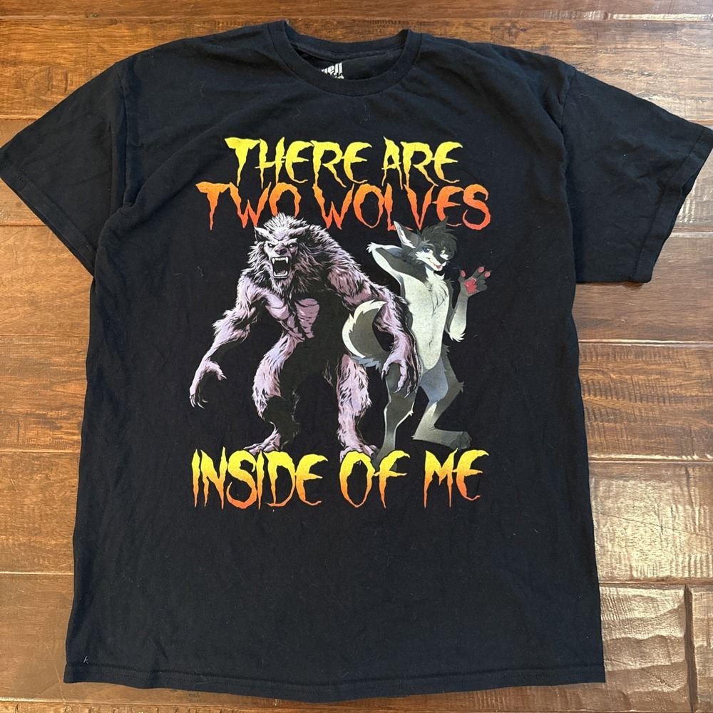 Hell Grip Two Wolves Inside Me Meme T-Shirt Spencers XL Black Werewolf Furry